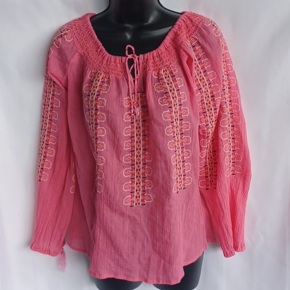 Tyler Boe Blouse Women's Size XS Coral Pink Embroidered Tunic, Semi-sheer